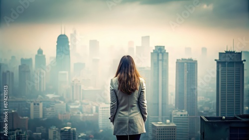 Woman with back turned in a foggy and polluted cityscape, fog, pollution, urban, city, mist, smog, woman, back, turned