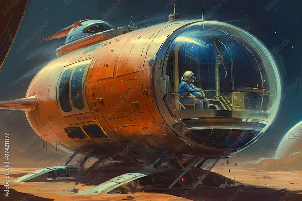 Futuristic spaceship flying near alien planet in space, retro futuristic illustration Futuristic spaceship flying near alien planet in space, retro futuristic illustration