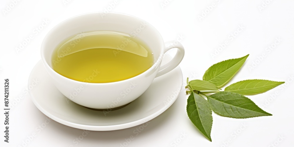 White ceramic cup of green tea with fresh tea leaves on white background White ceramic cup of green tea with fresh tea leaves on white background