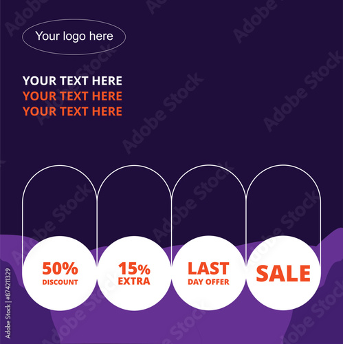 Cartel de oferta con porcentaje de descuento en color azul, blanco y naranja .Vector