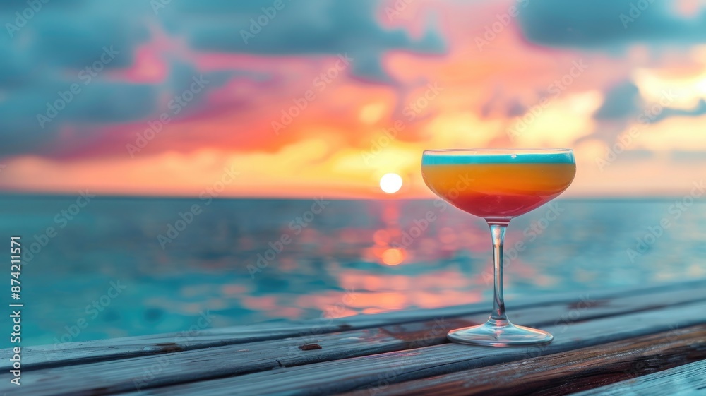 Obraz premium Colorful cocktail by beach at sunset