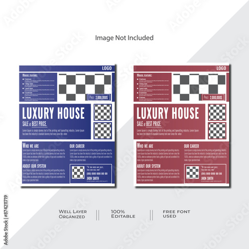 Modern real estate flyer design with geometric shape. Red and blue home sale poster template. Creative banner for real estate company, housing or property business agency. Marketing, rent and print