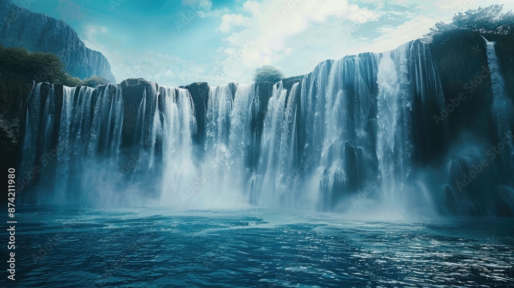 A majestic waterfall plunging into a deep blue lagoon, with mist rising and creating a mystical atmosphere. A majestic waterfall plunging into a deep blue lagoon, with mist rising and creating a mystical atmosphere.