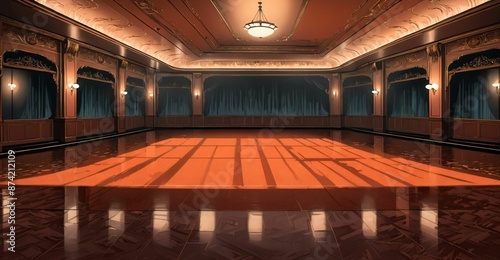 ballroom in palace mansion. elegant formal room interior design decor. smooth reflective stone floors with warm colors and lighting. spot light and intricate ceiling.