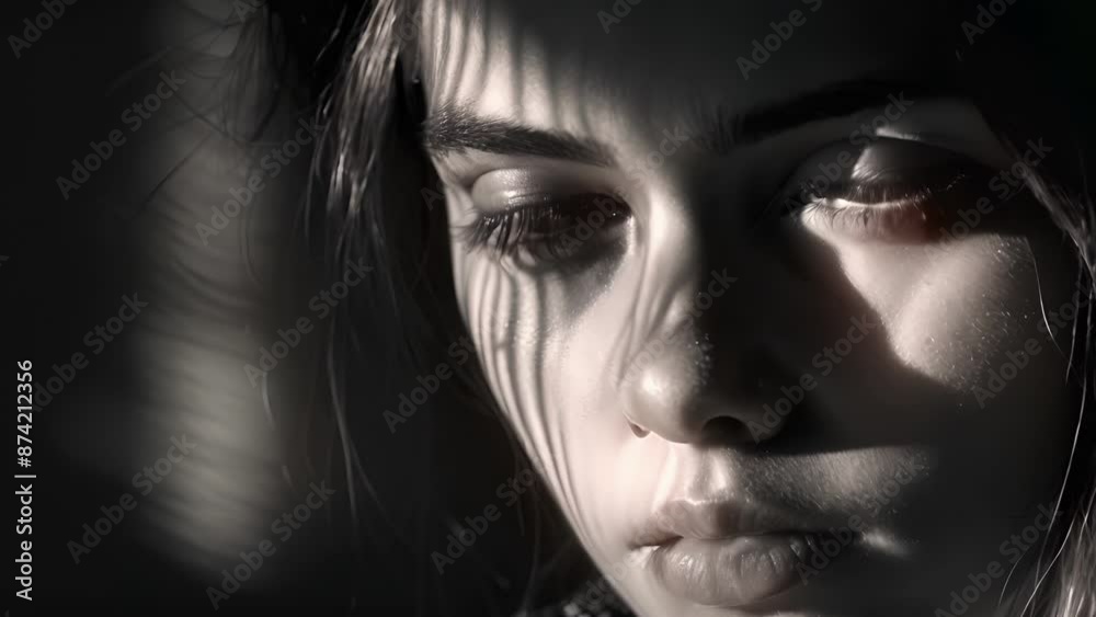 The stark contrast of light and shadow brings a sense of depth and intensity to this portrait. Black and white art The stark contrast of light and shadow brings a sense of depth and intensity to this portrait. Black and white art