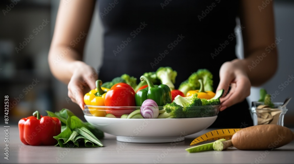 woman points to a plate of fresh vegetables and a measuring tape on the table. Have a healthy lifestyle, take care of your body and lose weight. woman points to a plate of fresh vegetables and a measuring tape on the table. Have a healthy lifestyle, take care of your body and lose weight.