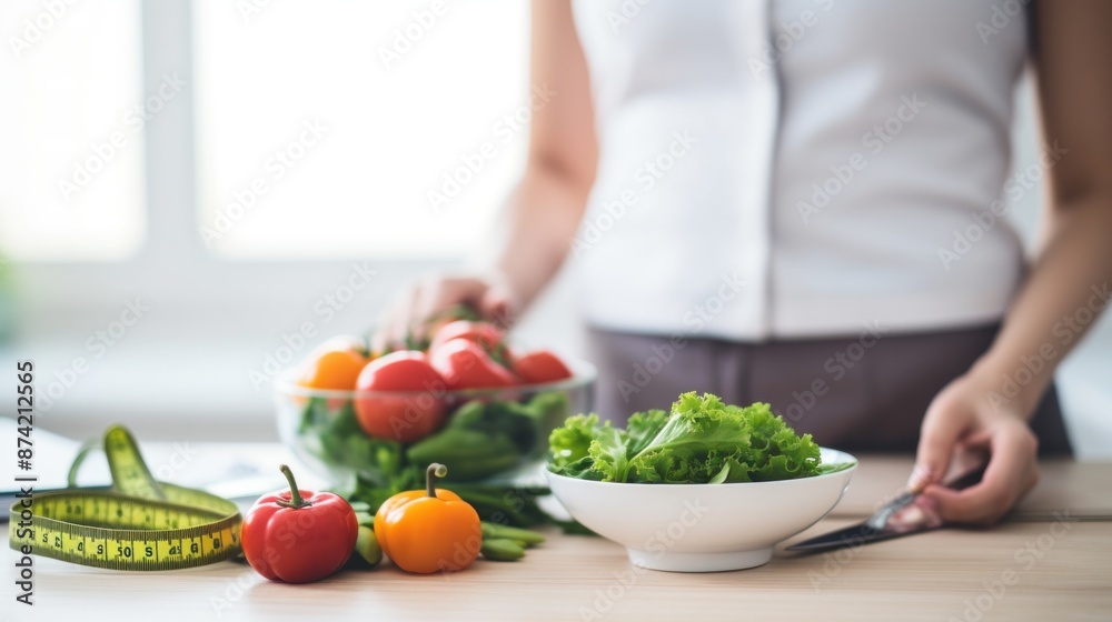 woman points to a plate of fresh vegetables and a measuring tape on the table. Have a healthy lifestyle, take care of your body and lose weight. woman points to a plate of fresh vegetables and a measuring tape on the table. Have a healthy lifestyle, take care of your body and lose weight.