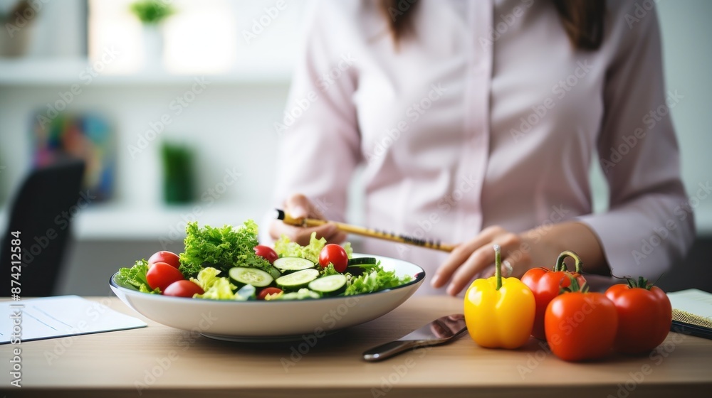 woman points to a plate of fresh vegetables and a measuring tape on the table. Have a healthy lifestyle, take care of your body and lose weight. woman points to a plate of fresh vegetables and a measuring tape on the table. Have a healthy lifestyle, take care of your body and lose weight.