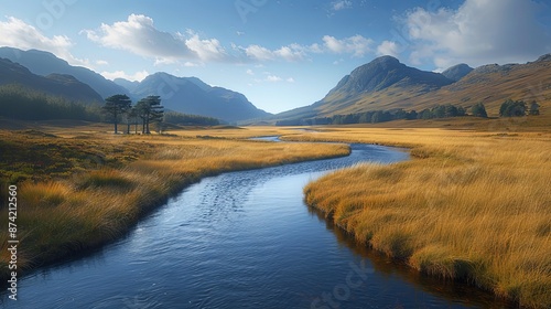Serene highland landscape with meandering river