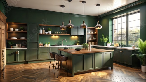 Warm and inviting kitchen with dark green walls, perfect for entertaining and celebrations, entertainer