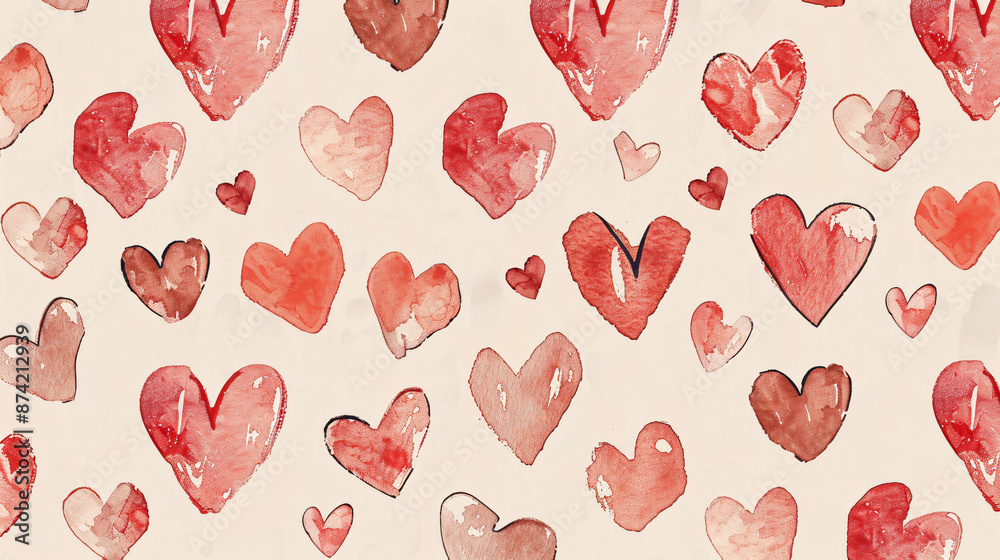 Little red hand drawn hearts pattern on beige background