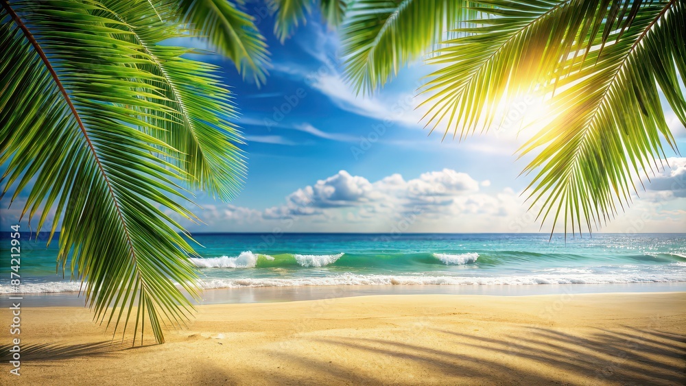 Fototapeta premium Tropical beach landscape with palm leaves, sandy shore, and blurred ocean background, Palm leaves, sandy beach, bokeh