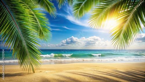 Tropical beach landscape with palm leaves, sandy shore, and blurred ocean background, Palm leaves, sandy beach, bokeh