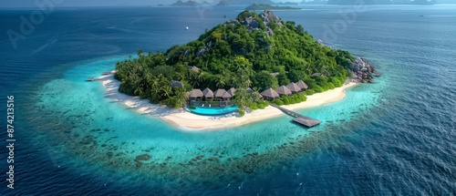 pristine round island beach with soft, golden sand meets the crystal-clear ocean, framed by lush palm trees under a bright blue sky, inviting relaxation