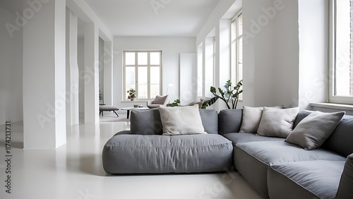 Grey sofa in white living room interior © Kartik