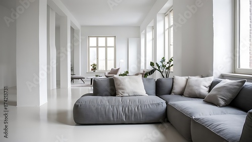 Grey sofa in white living room interior