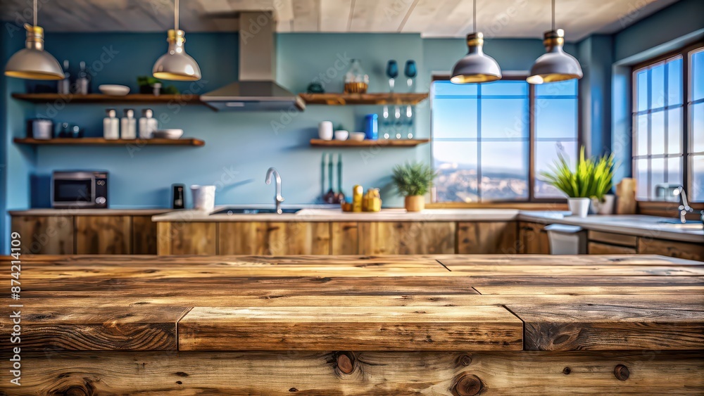 Wooden bar top with blue sky backdrop in rustic kitchen setting, wood, bar, top, blue sky, kitchen, rustic Wooden bar top with blue sky backdrop in rustic kitchen setting, wood, bar, top, blue sky, kitchen, rustic