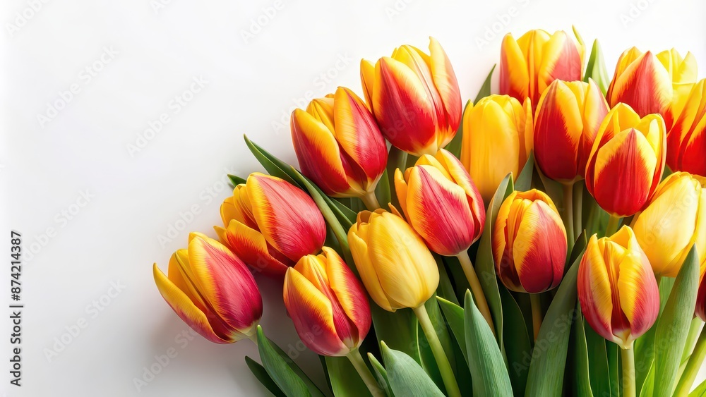 Vibrant yellow and red tulips bunch against a white background, tulips, flowers, floral, bouquet, colorful, bright, vivid Vibrant yellow and red tulips bunch against a white background, tulips, flowers, floral, bouquet, colorful, bright, vivid