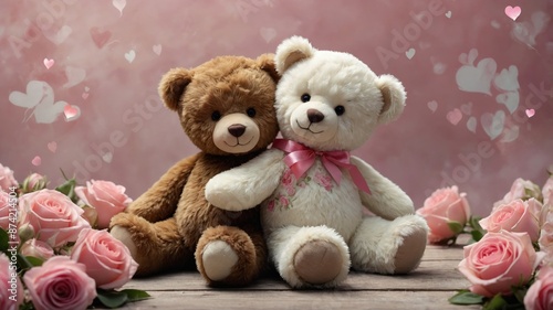 Adorable brown and white teddy bears sitting together with pink roses and a heart-themed background, perfect for romantic and love-themed imagery.

