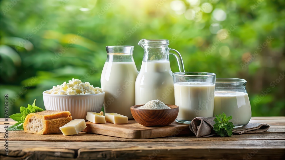 Wholesome image of farm-fresh milk products and nutrient-rich goodies , organic, dairy, natural, healthy, delicious Wholesome image of farm-fresh milk products and nutrient-rich goodies , organic, dairy, natural, healthy, delicious