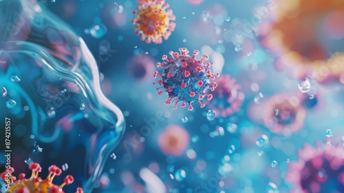 A close-up view of several virus particles floating in a fluid, surrounded by small bubbles. photo