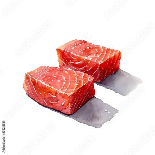 Watercolor illustration of fresh raw tuna on white background