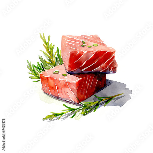 Watercolor illustration of fresh raw tuna on white background