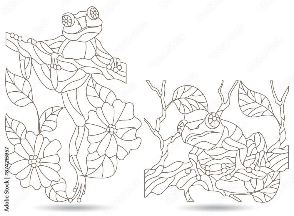 Fototapeta premium Set of contour illustrations of stained glass frogs sitting on tree branches, dark contours on a white background