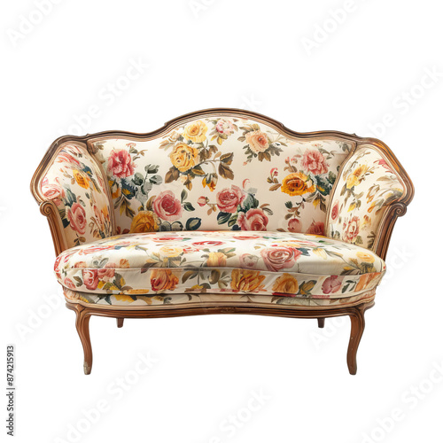 Vintage floral patterned loveseat with wooden frame, ideal for adding a touch of elegance and style to any living room or seating area.
