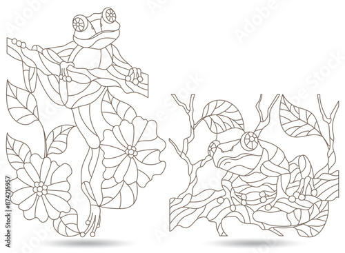 Set of contour illustrations of stained glass frogs sitting on tree branches, dark contours on a white background