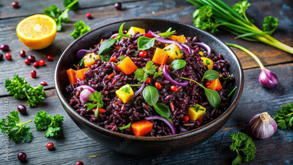 Vibrant black purple rice salad with fresh vegetables and herbs, vegan, Thai, riceberry, healthy, colorful Vibrant black purple rice salad with fresh vegetables and herbs, vegan, Thai, riceberry, healthy, colorful