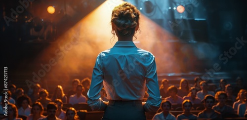 Woman Speaker Addresses Audience at Evening Conference