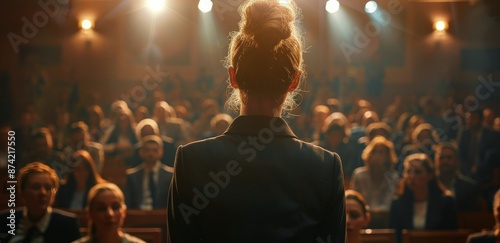 Woman Speaker Addresses Audience at Evening Conference