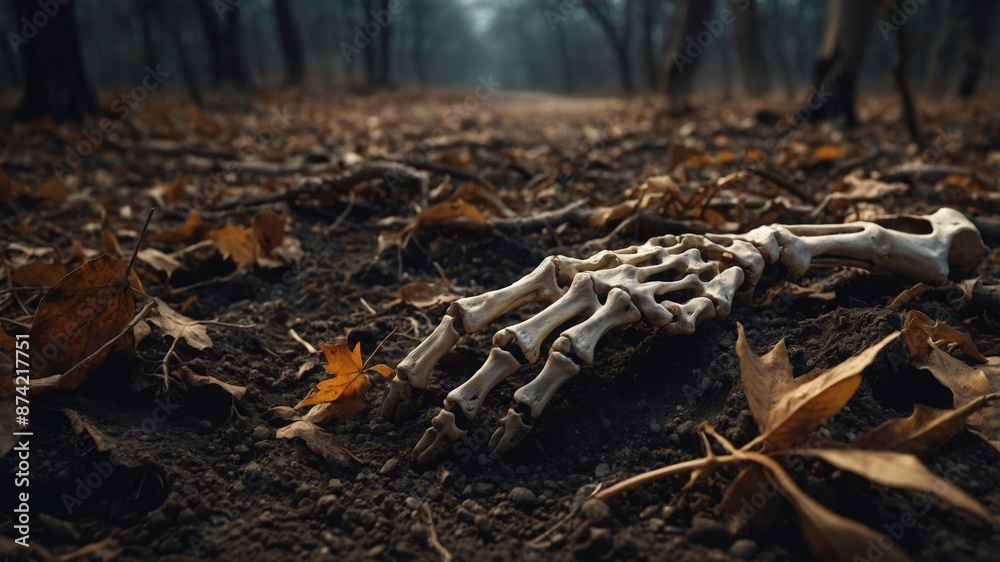 Fototapeta premium A skeleton hand lying on the forest floor among fallen leaves, creating a spooky and mysterious atmosphere. 