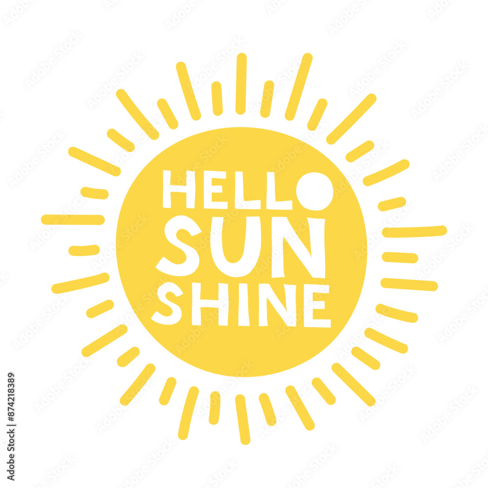Naklejka premium Sun with text hello sunshine. Cute lettering sun isolated on white background. Vector Icon illustration for label, card, logo, emblem.