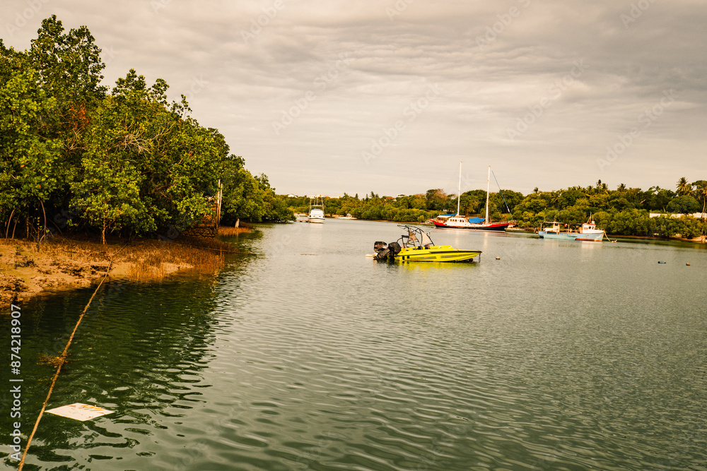 Naklejka premium Silhouette of boats against palm trees at Sunset in Mtwapa Creek, Mtwapa Town in Kenya