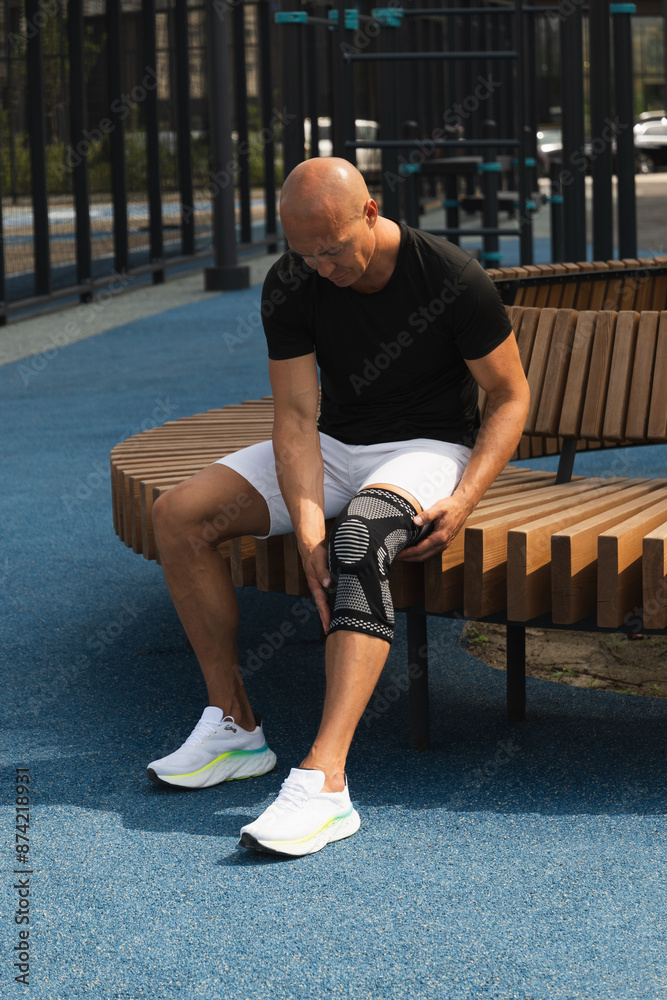 Man putting knee brace to support painful leg. Athlete bodybuilder leg wearing knee support brace or elastic kneecap bandage. Sleeve for compression. Health problems and pain.