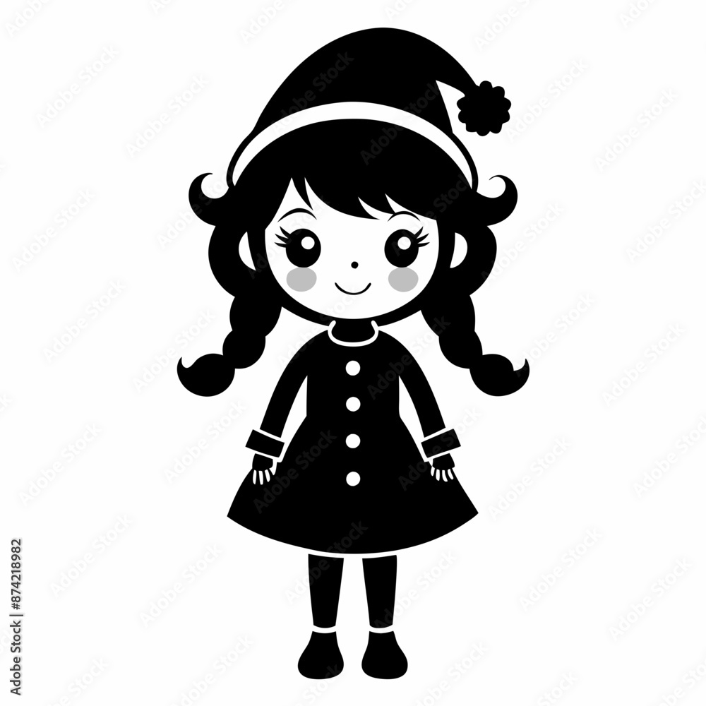 Christmas Cute Kid Girl black vector silhouette Christmas Cute Kid Girl black vector silhouette