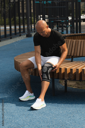 Obraz na płótnie Man putting knee brace to support painful leg. Athlete bodybuilder leg wearing knee support brace or elastic kneecap bandage. Sleeve for compression. Health problems and pain. w salonie