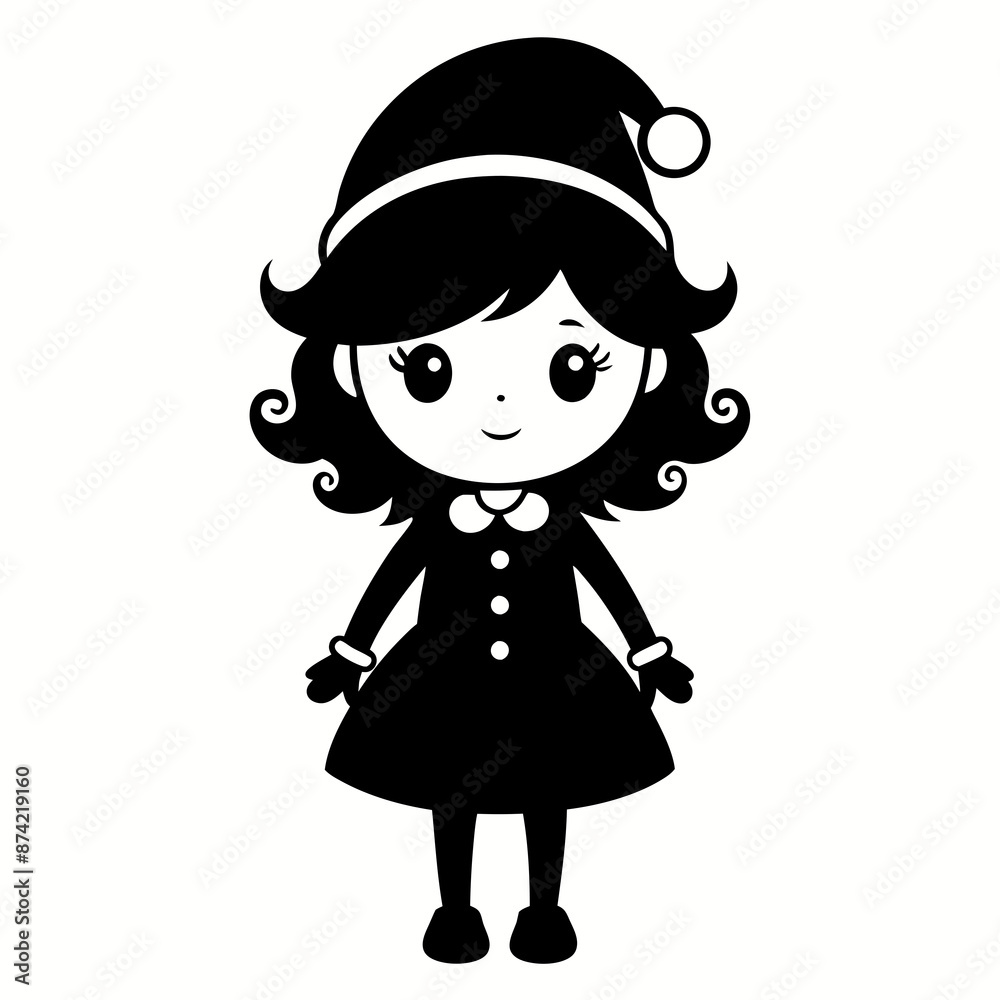 Christmas Cute Kid Girl black vector silhouette Christmas Cute Kid Girl black vector silhouette