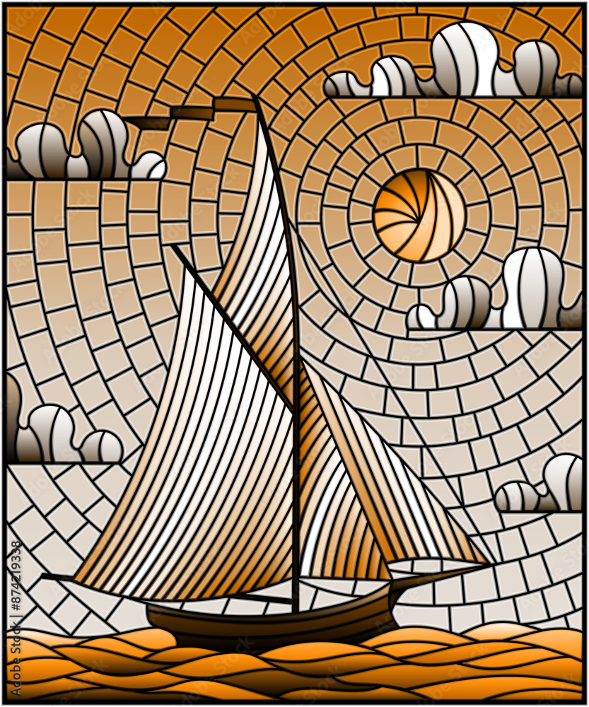 Illustration in stained glass style with an ship sailing with white sails against the sea, sun and sky, seascape, tone brown Illustration in stained glass style with an ship sailing with white sails against the sea, sun and sky, seascape, tone brown
