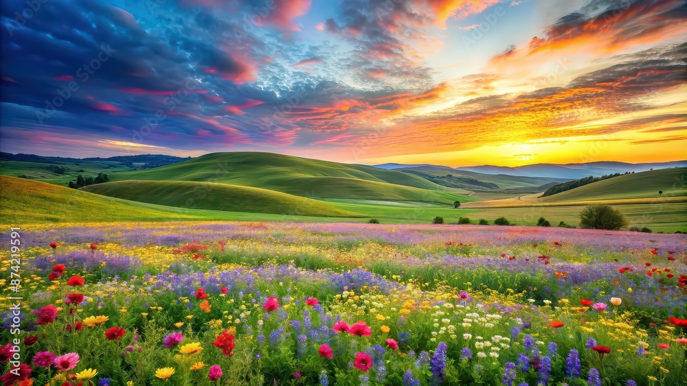 Vibrant wildflower fields on rolling hills under a tranquil sky, nature, landscape, scenery, wildflowers, vibrant, colorful Vibrant wildflower fields on rolling hills under a tranquil sky, nature, landscape, scenery, wildflowers, vibrant, colorful