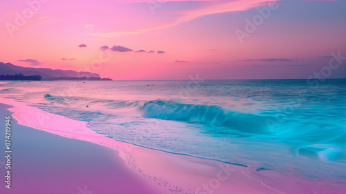 A stunning, surreal beach scene with crystal-clear turquoise waters and soft