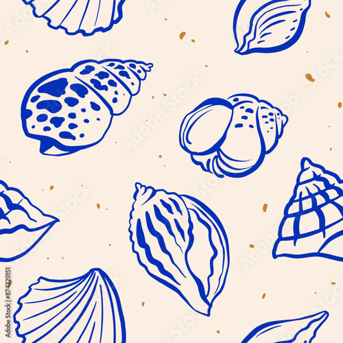 Seamless background of sea blue shells. Seashells patern in linear style. Marine design with conches and shells. Vector illustration of the underwater world.