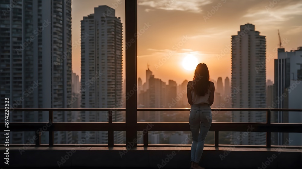 Woman looking and enjoying the sunset view from balcony busy urban downtown with loneliness for solitude, loneliness and dreaming of freedom lifestyle concept. Ai Generative. Woman looking and enjoying the sunset view from balcony busy urban downtown with loneliness for solitude, loneliness and dreaming of freedom lifestyle concept. Ai Generative.