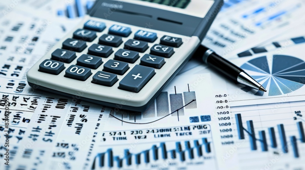 A calculator sits on top of a stack of papers with graphs and numbers A calculator sits on top of a stack of papers with graphs and numbers