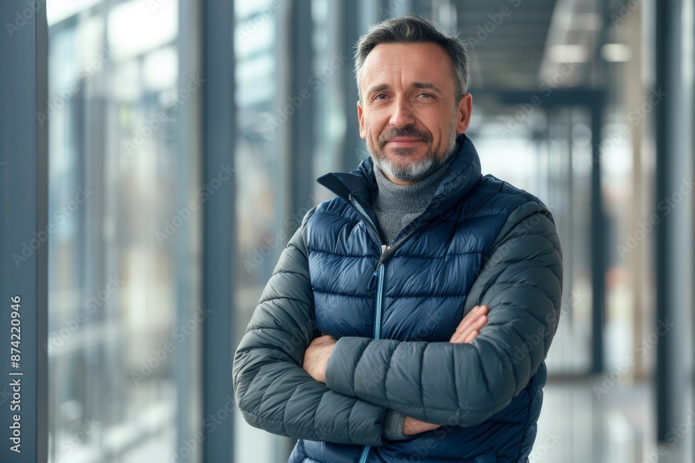 Portrait of a glad man in his 30s dressed in a thermal insulation vest in sophisticated corporate office background Portrait of a glad man in his 30s dressed in a thermal insulation vest in sophisticated corporate office background