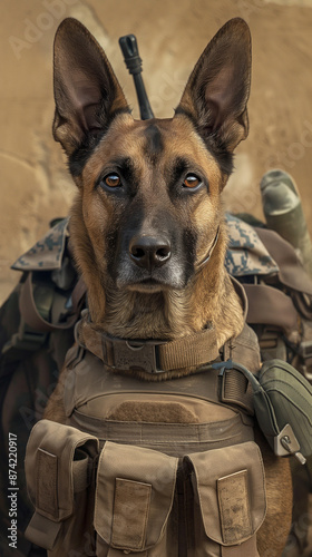 Belgian Malinois dog wearing a soldier uniform in Middle Eastern atmosphere