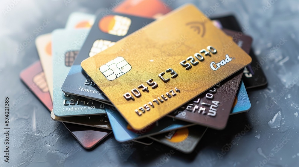 A stack of credit cards with the top one reading Crad