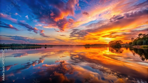 Vibrant sunset reflecting over tranquil lake, sunset, lake, water, reflection, colors, sky, peaceful, nature, beauty